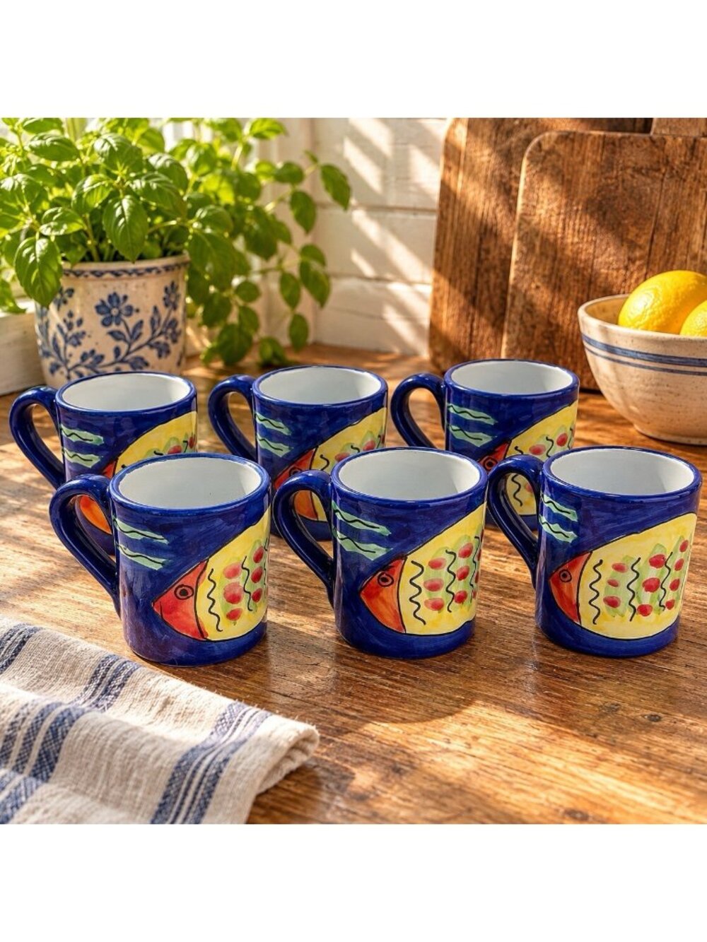 Vintage Pier 1 Handpainted Made in Italy Pottery Fish Mugs Set of 6 Blue #49